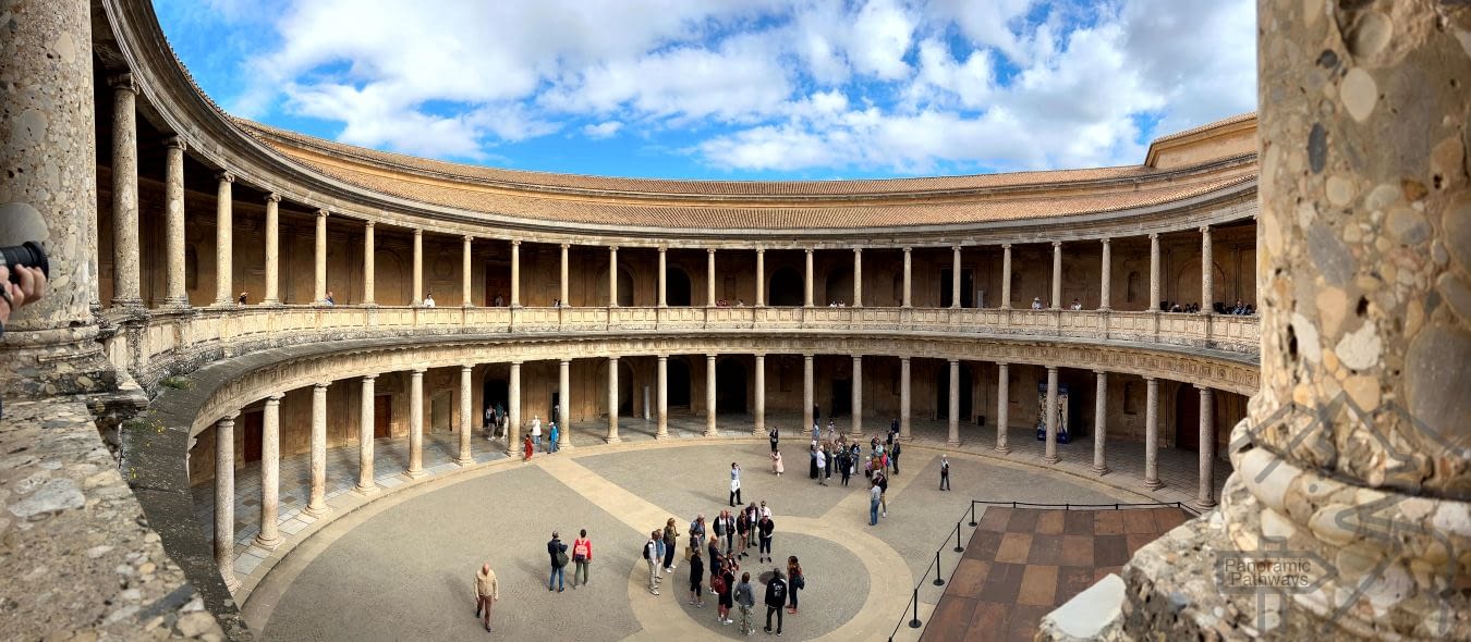 Palace of Charles V at the Alhambra showing Renaissance architecture and circular courtyard.